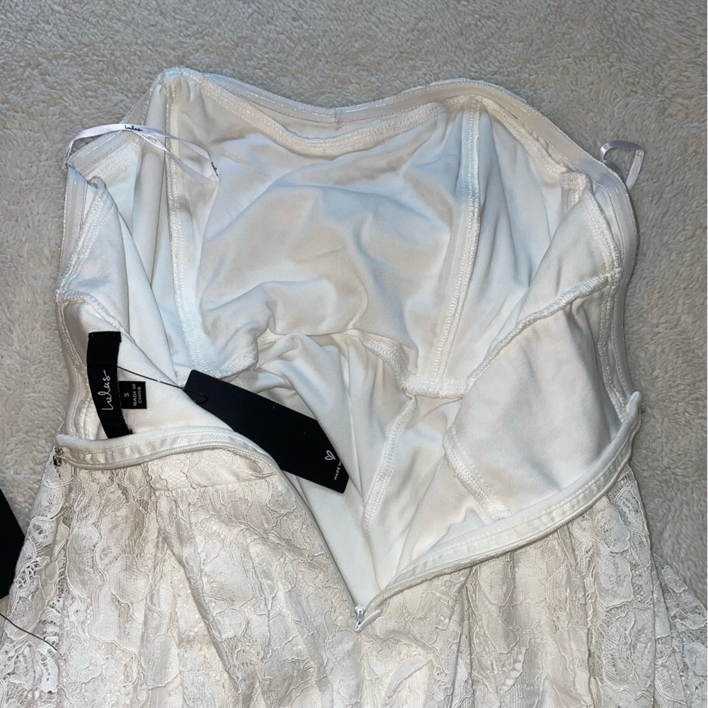 Lulus Curated Charm White Lace Strapless Bustier High-Low Dress - Picture 8 of 9